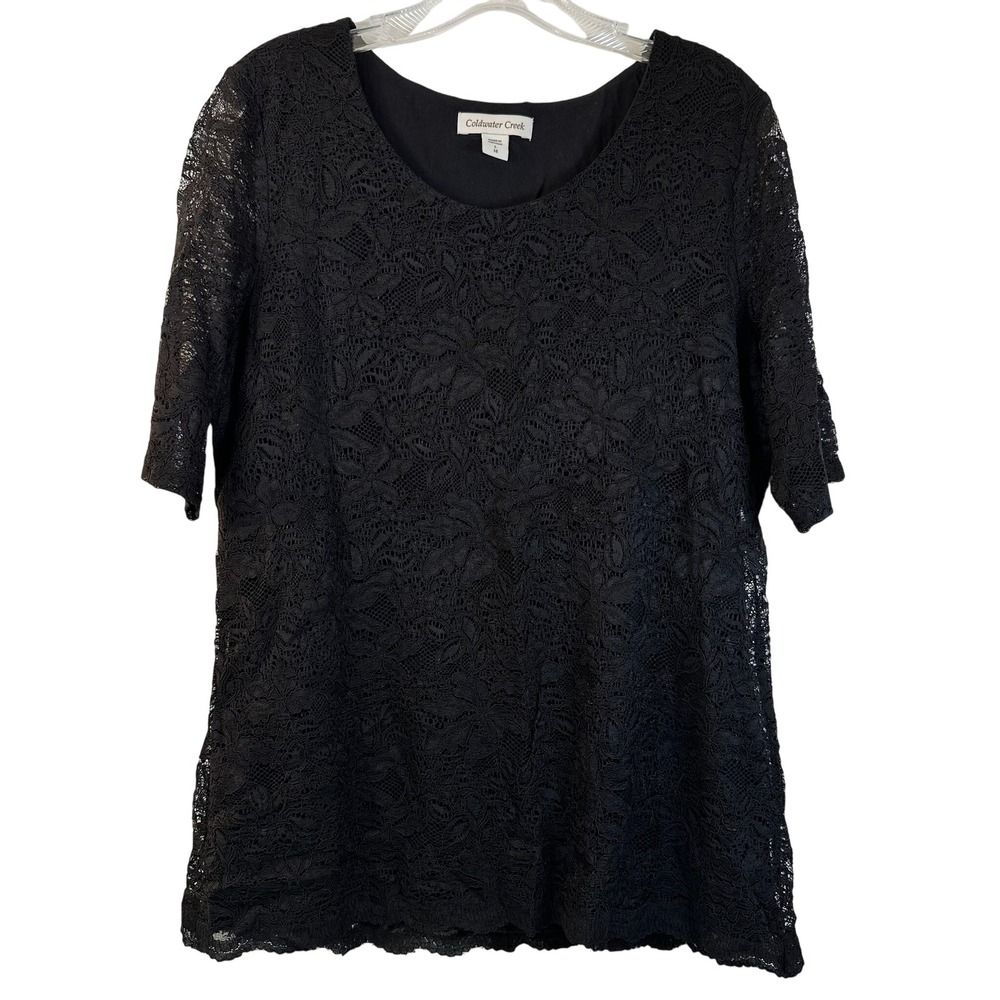 Coldwater Creek Black Floral Lace Top NWT L 14 Short Sleeve Lined Scoop Neck